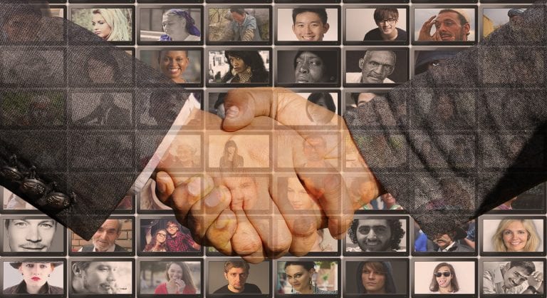 handshake across a montage of faces