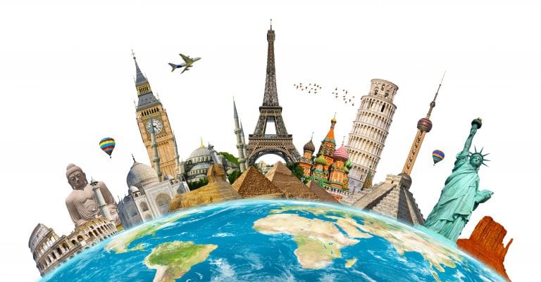 Eiffel tower among other famous global monuments